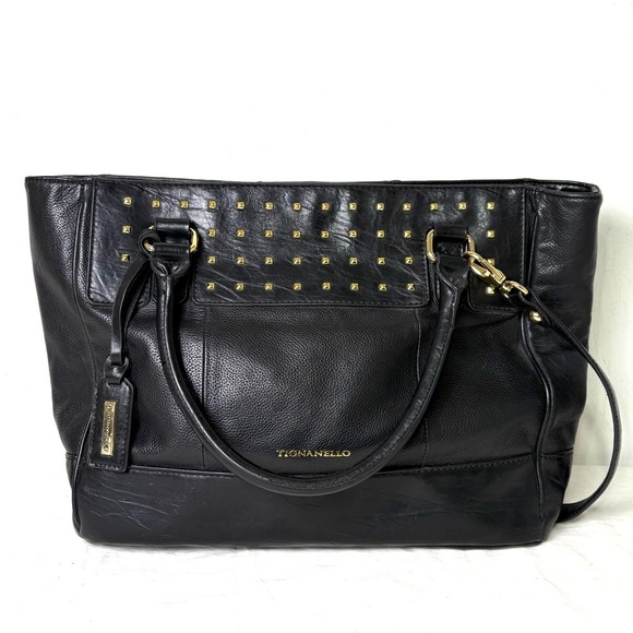 Tignanello Handbags - TIGNANELLO Black Leather Studded Tote Bag